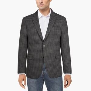 Tommy Hilfiger Men's 46R Glen Plaid Wool Blazer 2 Button Jacket Check Gray Black